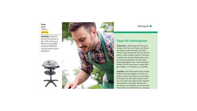 Ein Mann am Grillen und daneben der Cloer Grill 6789 abgebildet Testergebnis GUT