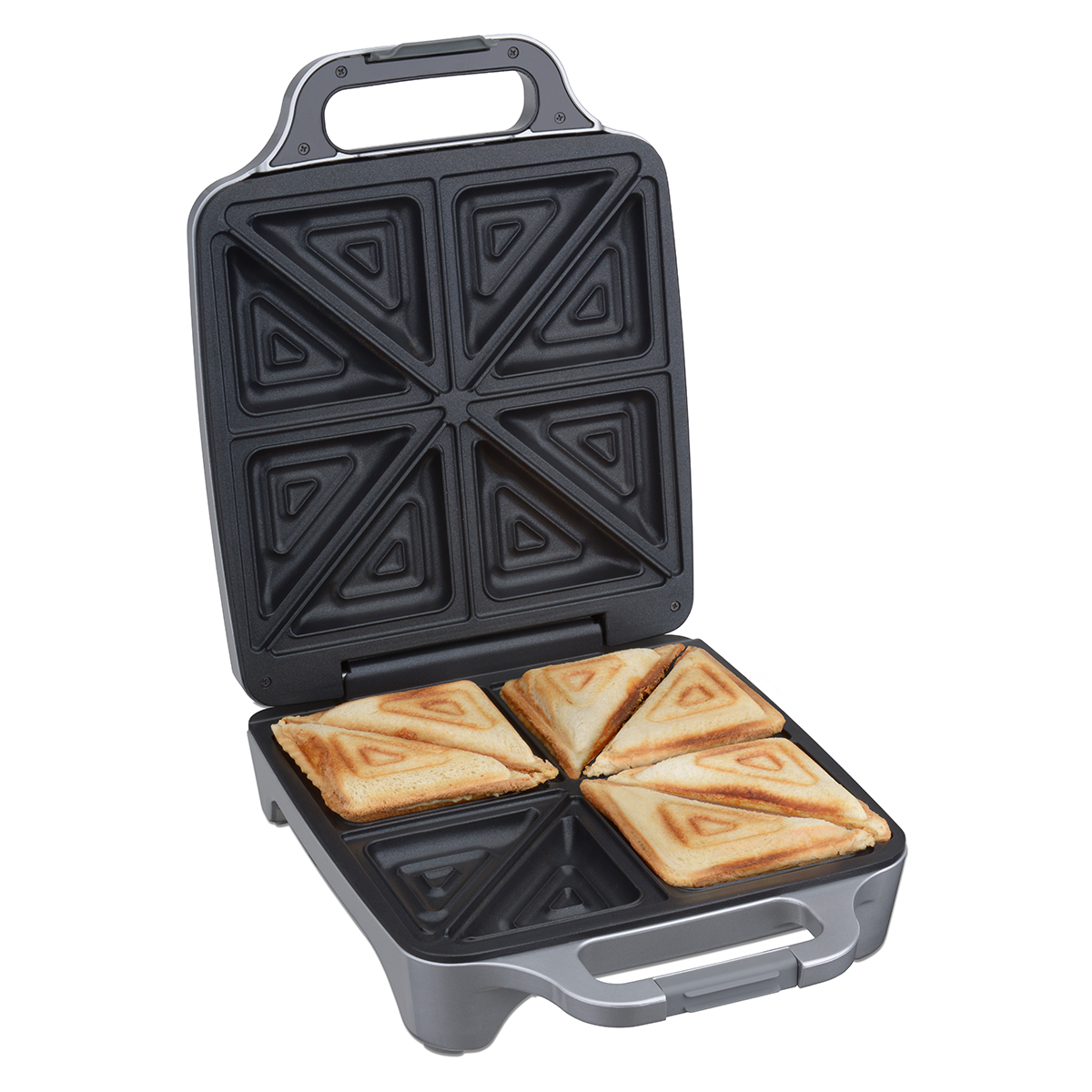 Sandwichmaker Cloer 6269 aufgeklappt mit fertigen Sandwiches
