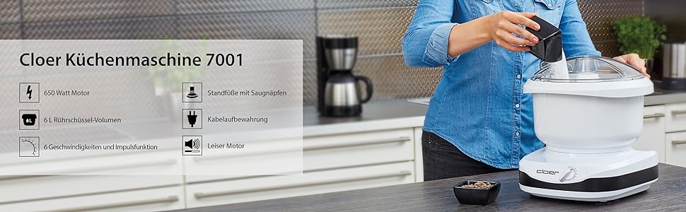Das Bild zeigt die Cloer Küchenmaschine 7001 auf einer Küchenarbeitsplatte.