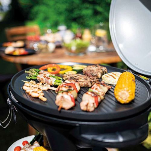Elektrogrill Cloer 6789 im Garten mit geöffnetem Deckel